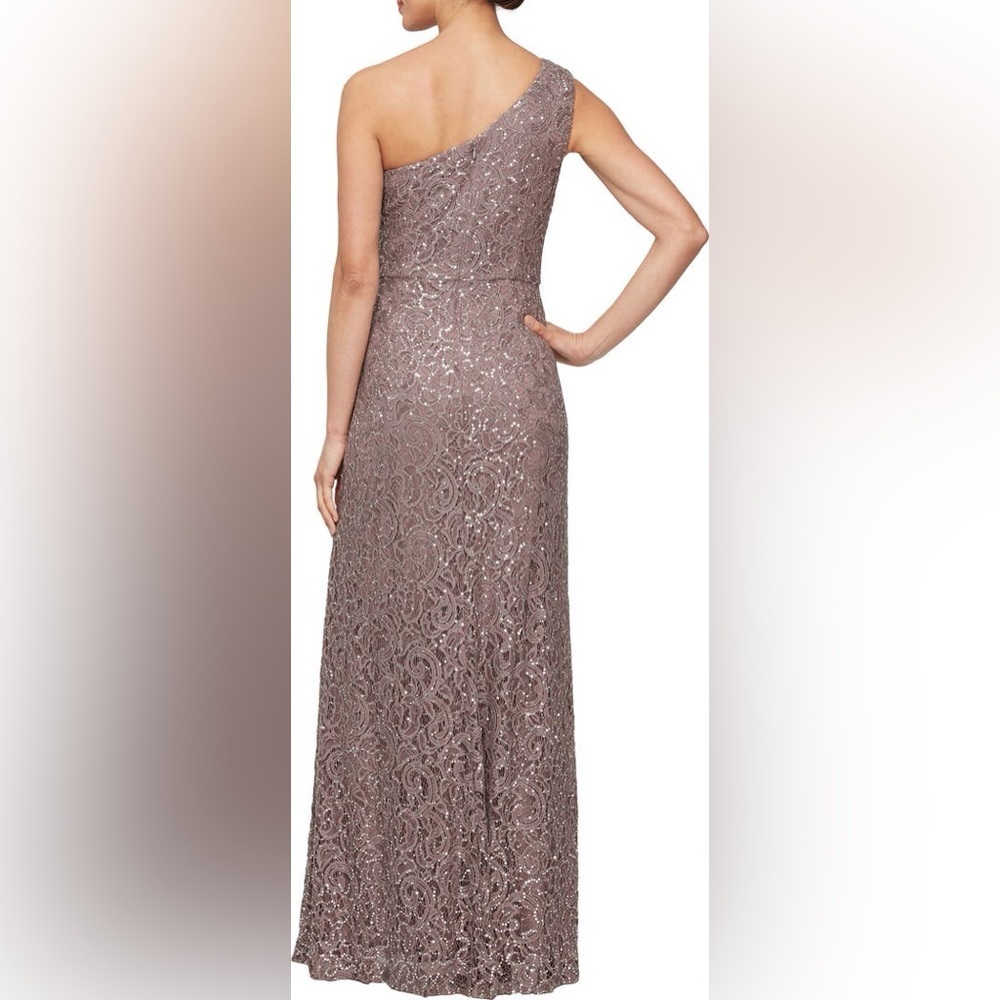 Alex Evenings One Shoulder sequin Lace A line gown in mocha - Picture 2 of 10